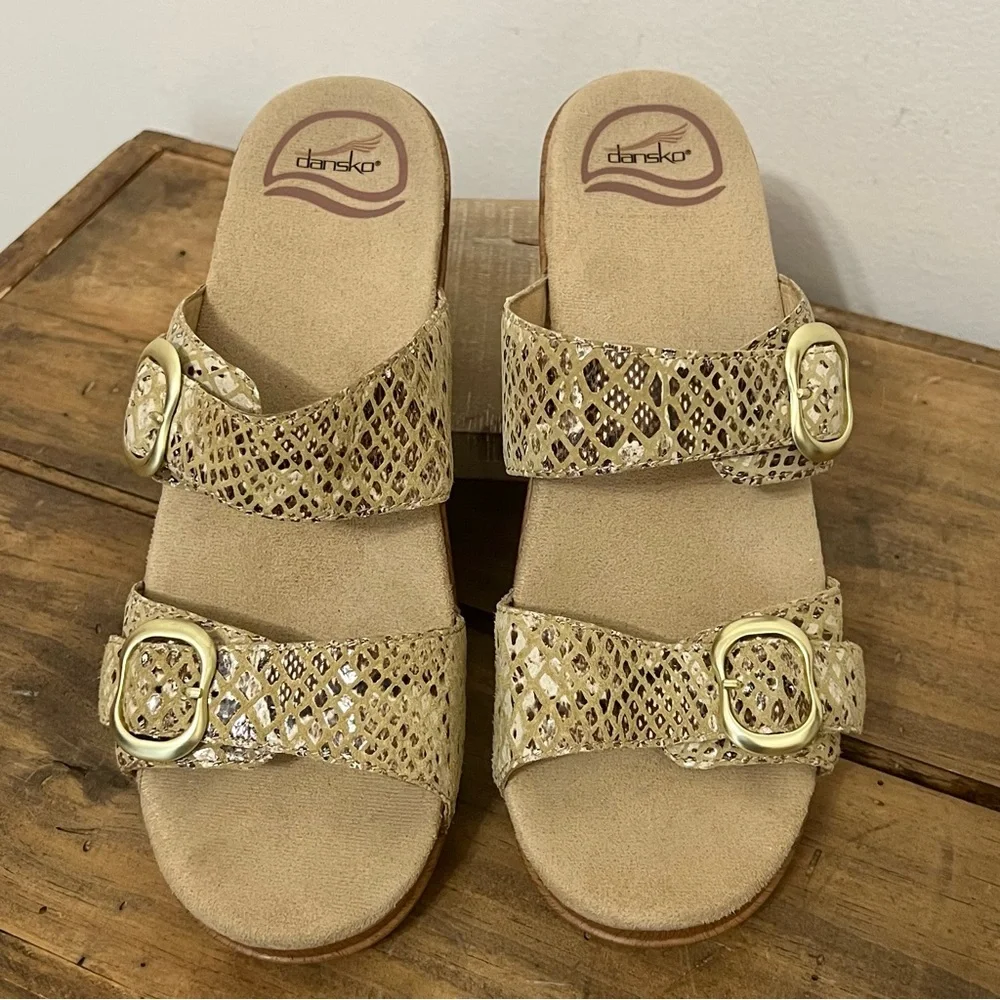 Dansko Snake Print Leather Two Strap Sandals Neutral Matte Gold Metal Buckles